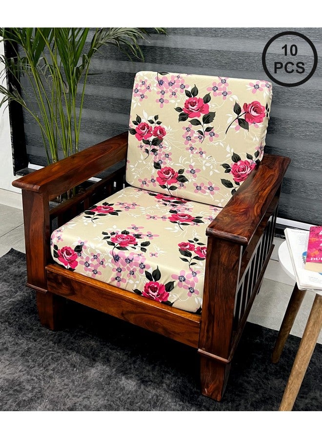 ohello® Stretchable/Spandex Printed Sofa Slip Cover, Pack of 10 Sofa seat Covers can use for livingroom, Couch, Wooden Sofas & Offices (Beige & Pink, SSC_918) - Image 1