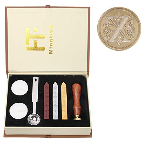 Mingting Wax Seal Stamp Kit,Mingting Classical Old-Fashioned Antique Wax Stamp Seal Kit Initial Letters Alphabet Set Gift Box with Vintage Wooden Handle and Brass Color Head(X) - Image 1
