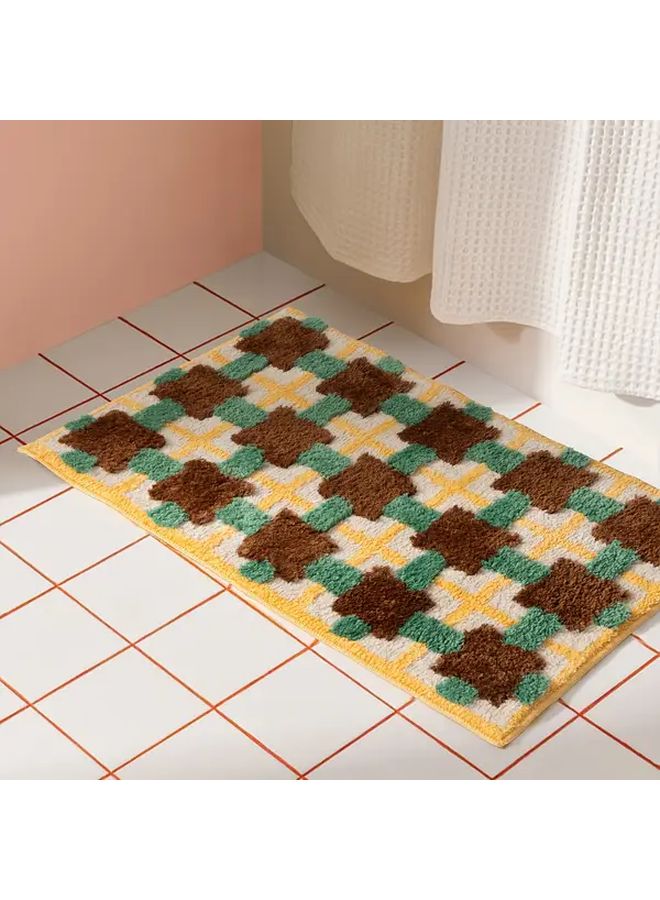 1pc Modern Plaid Pattern Non Slip Bath Mat Quick Dry Absorbent Fluffy Polyester Blend Bathroom Mat With Braided Edges Rectangular Shape TPR Backing Blue Brown Grid 19 69x31 5inch - Image 5