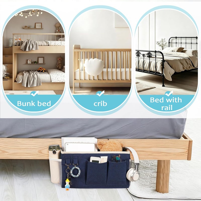 Loghot Bedside Caddy/Bedside Storage Bag Hanging Organizer for Bunk and Hospital Beds,Dorm Rooms Bed Rails,Can be Placed Glasses,Books,Mobile Phones,Keys (2pc Navy Blue) - Image 5