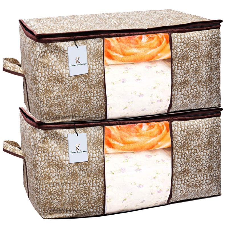 Kuber Industries Flower Design Underbed Storage Bag Storage Organiser Blanket Cover Set of 2 Golden Brown Extra Large Size - Image 1