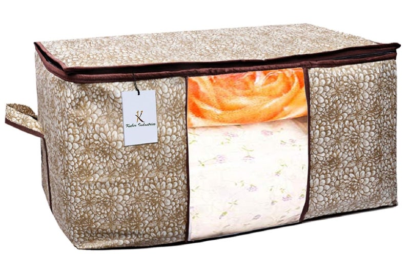 Kuber Industries Flower Design Underbed Storage Bag Storage Organiser Blanket Cover Set of 2 Golden Brown Extra Large Size - Image 3
