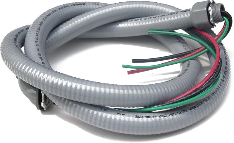 Sealproof Power Whip Assembly, 3/4-Inch x 6 Ft Nonmetallic Liquid Tight Flexible Electrical Conduit and 8 Gauge Wire Single Phase Preassembled A/C Hook-up Whip Kit, 3/4" Dia - Image 1