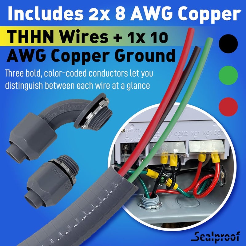 Sealproof Power Whip Assembly, 3/4-Inch x 6 Ft Nonmetallic Liquid Tight Flexible Electrical Conduit and 8 Gauge Wire Single Phase Preassembled A/C Hook-up Whip Kit, 3/4" Dia - Image 3