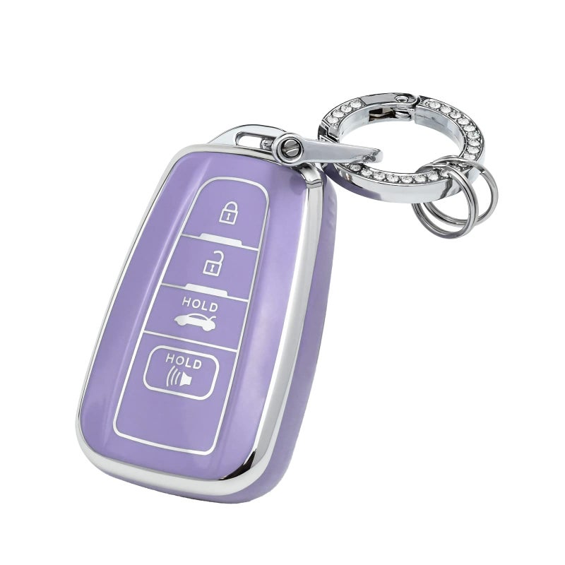 غطاء مفتاح OFFCURVE لسيارة تويوتا مع سلسلة مفاتيح حافظة مفتاح السيارة تناسب 2018-2022 تويوتا RAV4 كامري كورولا أفالون CHR بريوس GT86 هايلاندر ملحقات مفتاح السيارة الذكي بنفسجي