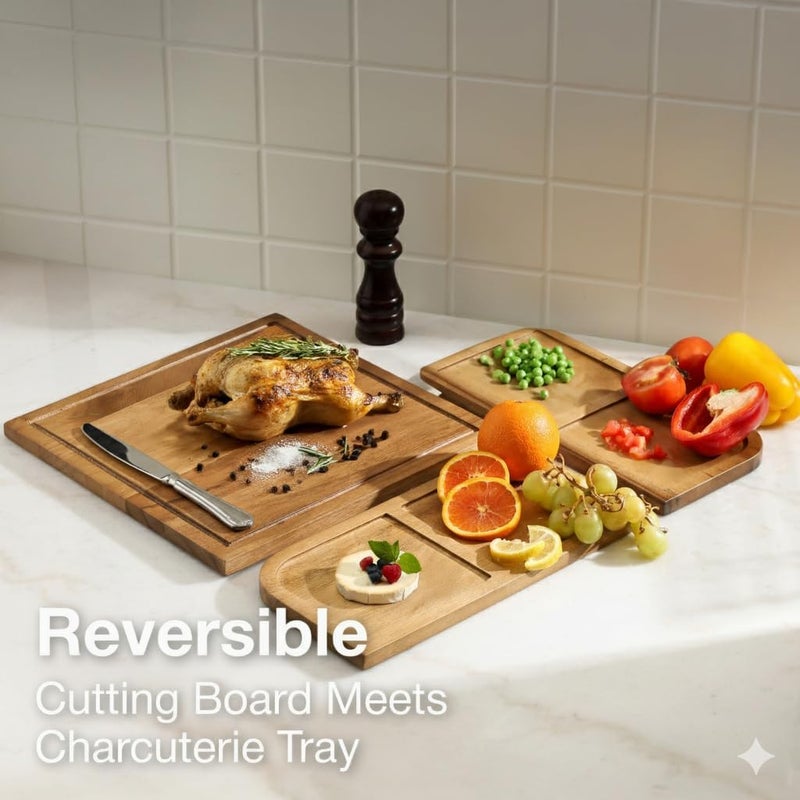 Sango Acacia Cutting Board Set with Juice Grooves and Partitions for Serving, 3-Piece- Wood Chopping Boards, Stackable & Reversible for Kitchen, Non-Toxic, Perfect as Butcher Block Countertop, Atelier - Image 4