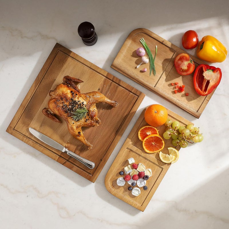 Sango Acacia Cutting Board Set with Juice Grooves and Partitions for Serving, 3-Piece- Wood Chopping Boards, Stackable & Reversible for Kitchen, Non-Toxic, Perfect as Butcher Block Countertop, Atelier - Image 1