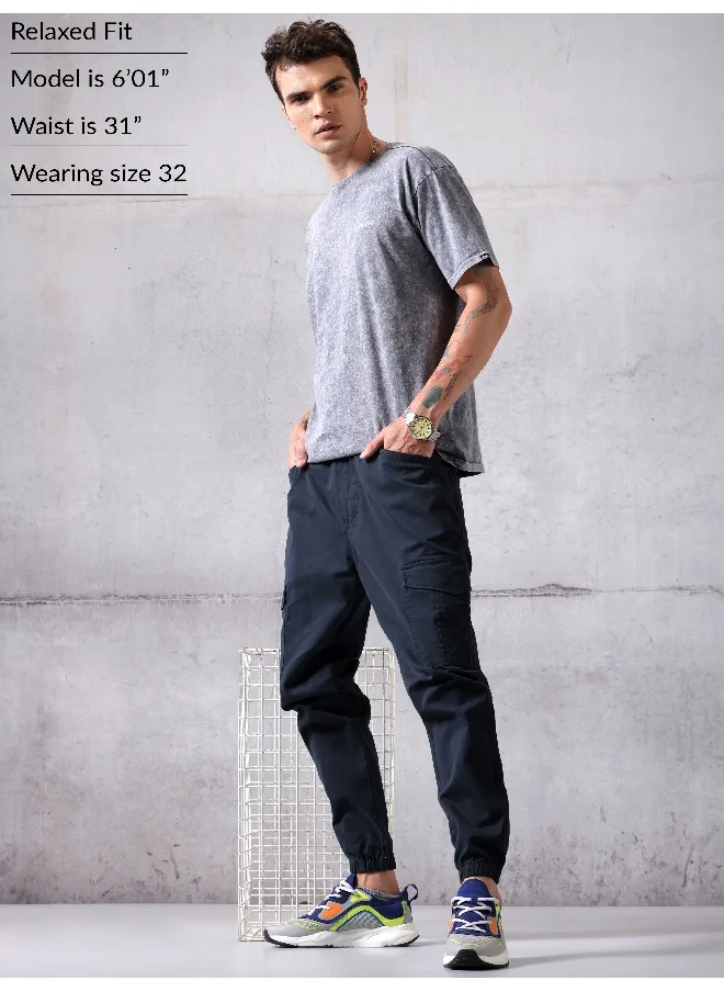 Beyoung PremiumSolid Cotton Navy Blue Cargo Joggers For Men