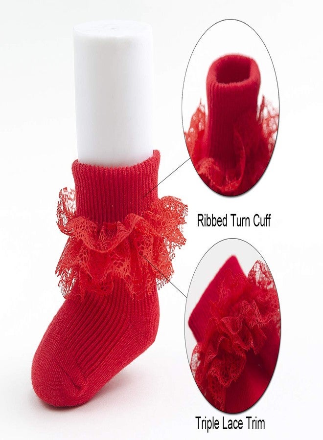 EPEIUS Polyester 5 Pairs Baby-Girls Eyelet Turn Cuff Ruffle Frilly Lace Lace Top Socks Newborn Triple Lace Dressy Socks Gift Box White,Cream,Pink,Black,Red 0-6 Months - Image 3