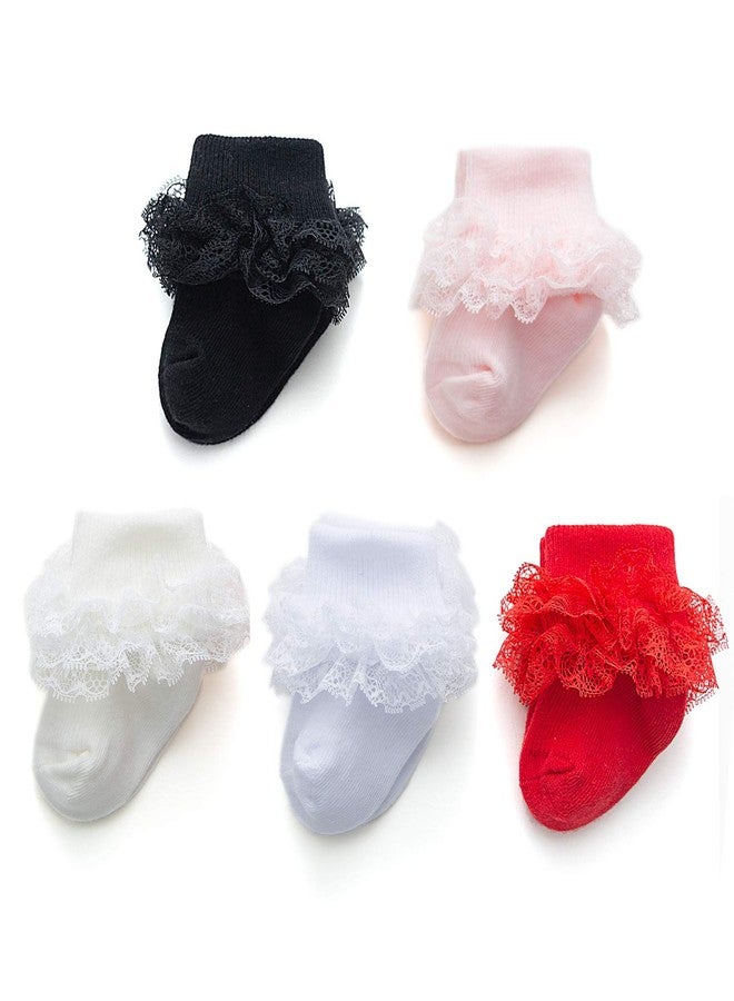 EPEIUS Polyester 5 Pairs Baby-Girls Eyelet Turn Cuff Ruffle Frilly Lace Lace Top Socks Newborn Triple Lace Dressy Socks Gift Box White,Cream,Pink,Black,Red 0-6 Months - Image 1