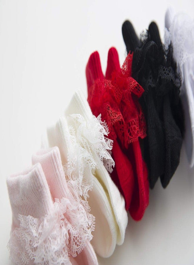 EPEIUS Polyester 5 Pairs Baby-Girls Eyelet Turn Cuff Ruffle Frilly Lace Lace Top Socks Newborn Triple Lace Dressy Socks Gift Box White,Cream,Pink,Black,Red 0-6 Months - Image 5