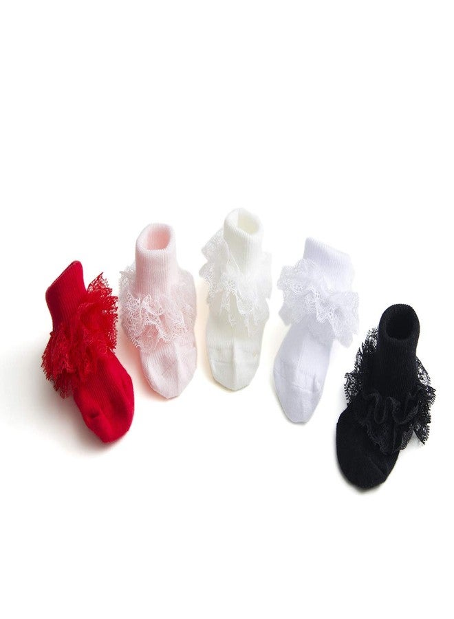 EPEIUS Polyester 5 Pairs Baby-Girls Eyelet Turn Cuff Ruffle Frilly Lace Lace Top Socks Newborn Triple Lace Dressy Socks Gift Box White,Cream,Pink,Black,Red 0-6 Months - Image 4