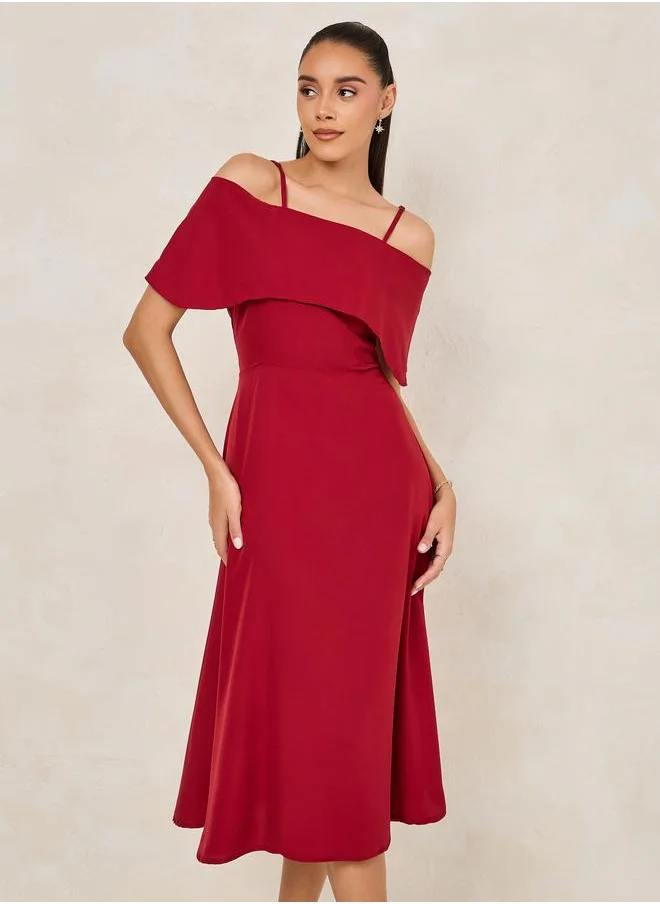 ستايلي Styli Solid Cold Shoulder Sleeves Flare A-Line Midi Dress