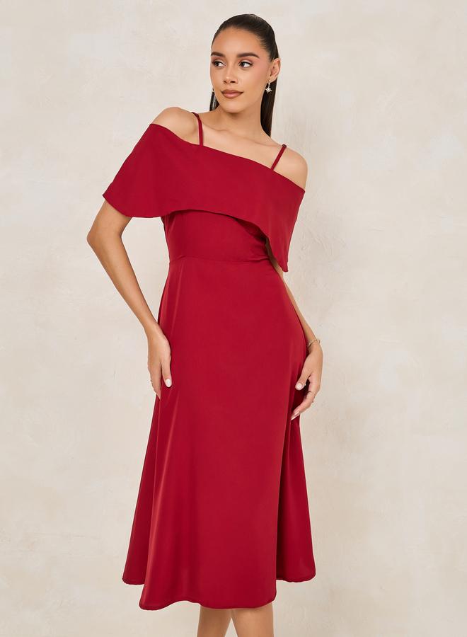 Styli Styli Solid Cold Shoulder Sleeves Flare A-Line Midi Dress  - Image 1