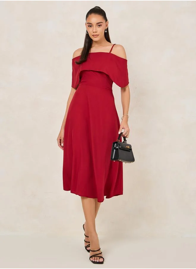 ستايلي Styli Solid Cold Shoulder Sleeves Flare A-Line Midi Dress