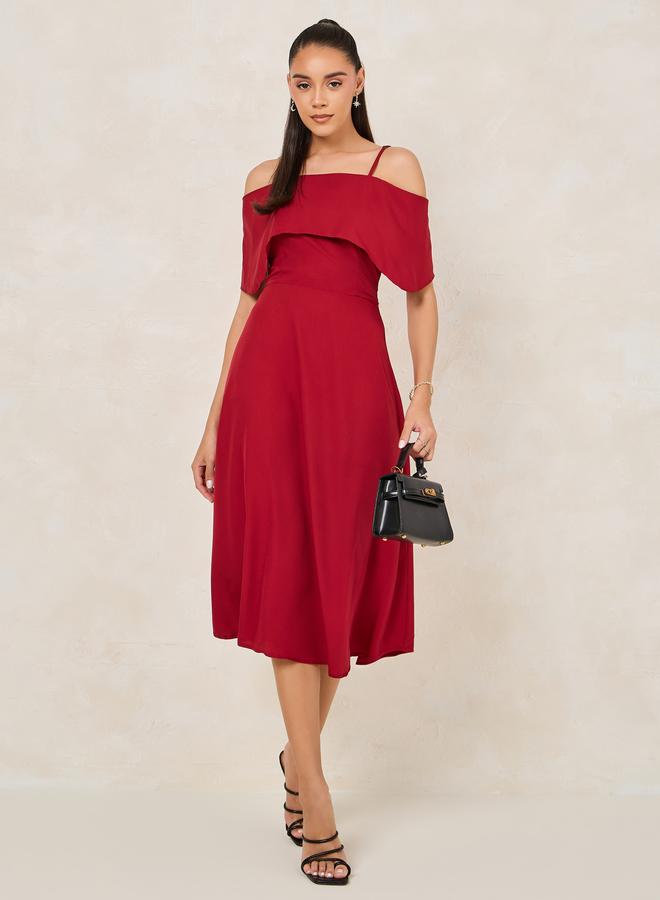 Styli Styli Solid Cold Shoulder Sleeves Flare A-Line Midi Dress  - Image 2