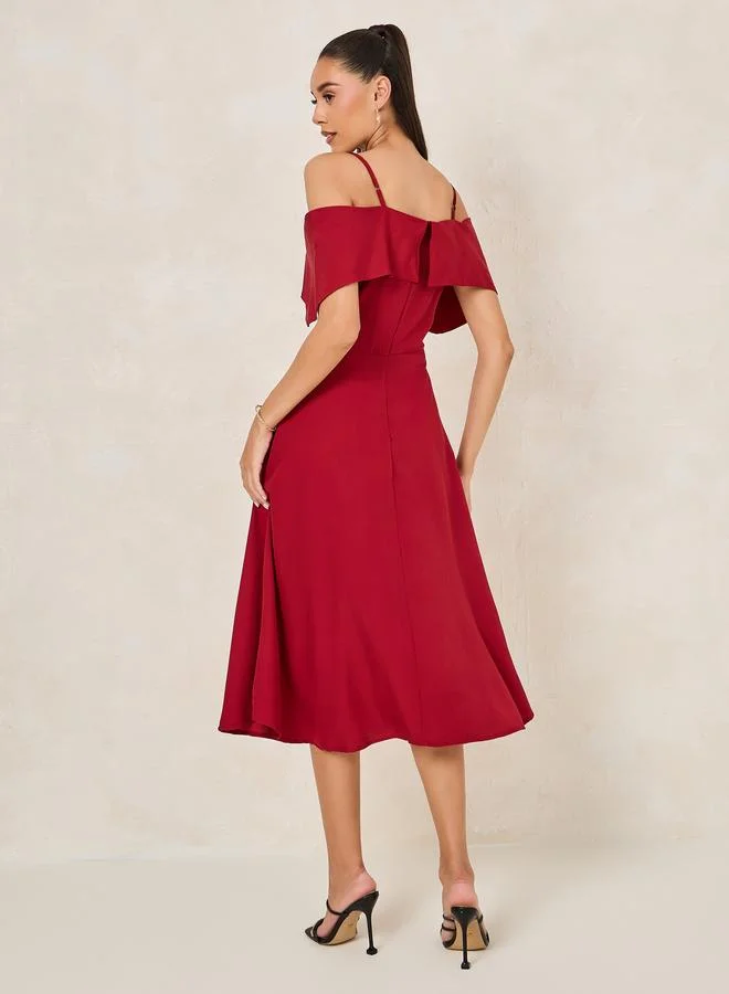 Styli Styli Solid Cold Shoulder Sleeves Flare A-Line Midi Dress