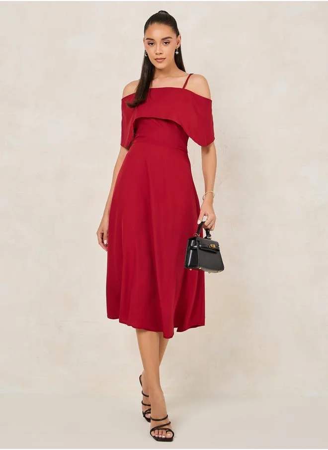 Styli Solid Cold Shoulder Sleeves Flare A-Line Midi Dress