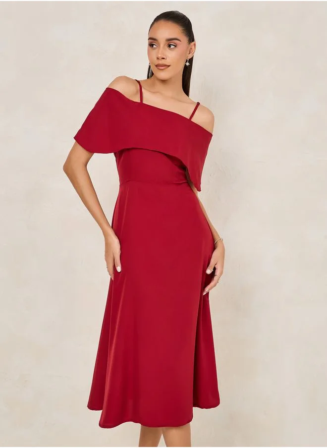 ستايلي Solid Cold Shoulder Sleeves Flare A-Line Midi Dress