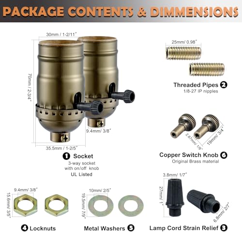 EMNOOTI 3 Way Lamp Socket with Twist Switch,E26 Standard Medium Screw Light Bulb Socket,Turning Knob 3-Way Dimmer Switch Light Socket to Repair or Replace Floor and Table Lamps,UL Listed (Antique Brass, 2) - Image 5