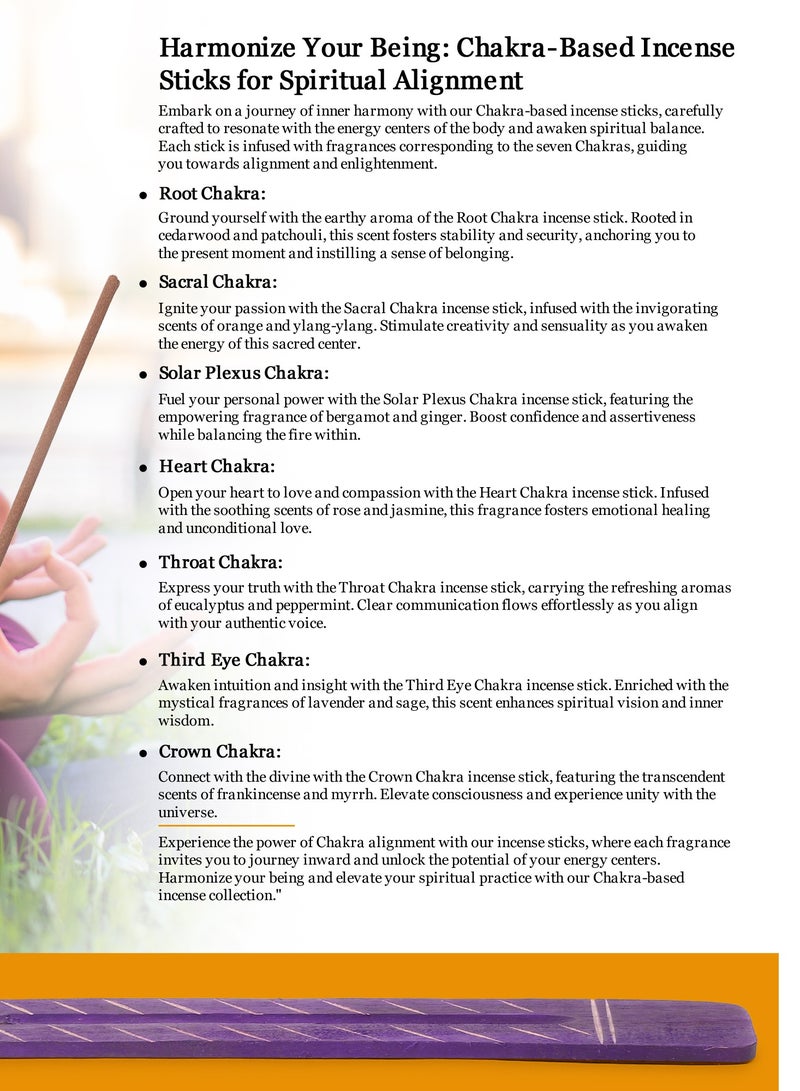 OPIUM Seven Beautiful Fragrance Incense Sticks Solar Plexus, Root, Sacral, Heart, Throat, Third Eye, Crown Chakra For Meditation, Worship, Yoga, Stress Relief 100Percent Natural Non Toxic Pack Of 7, 12 Sticks - Image 4