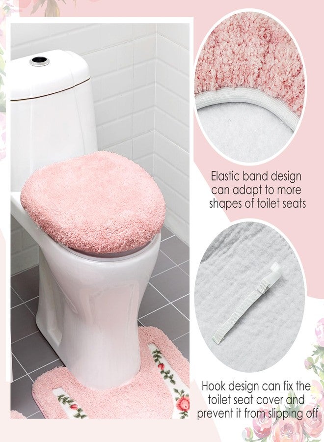 Drydiet 4 Pcs Bathroom Rugs Sets with Toilet Lid Cover Rose Flowers Bathroom Rugs Set Coquette Room Decor Floral Bath Mat U Shaped Toilet Rug Non Slip Absorbent Floral Bath Carpet - Image 3