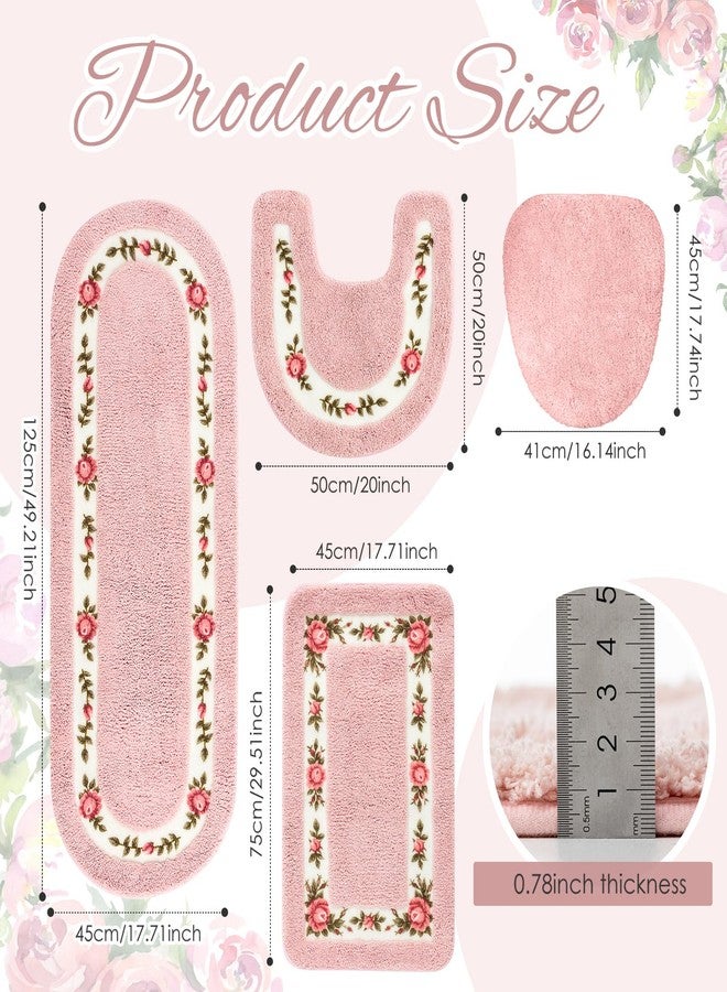 Drydiet 4 Pcs Bathroom Rugs Sets with Toilet Lid Cover Rose Flowers Bathroom Rugs Set Coquette Room Decor Floral Bath Mat U Shaped Toilet Rug Non Slip Absorbent Floral Bath Carpet - Image 2