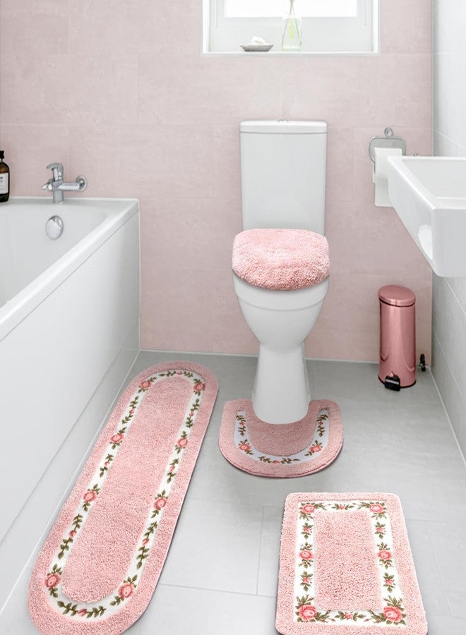 Drydiet 4 Pcs Bathroom Rugs Sets with Toilet Lid Cover Rose Flowers Bathroom Rugs Set Coquette Room Decor Floral Bath Mat U Shaped Toilet Rug Non Slip Absorbent Floral Bath Carpet - Image 1