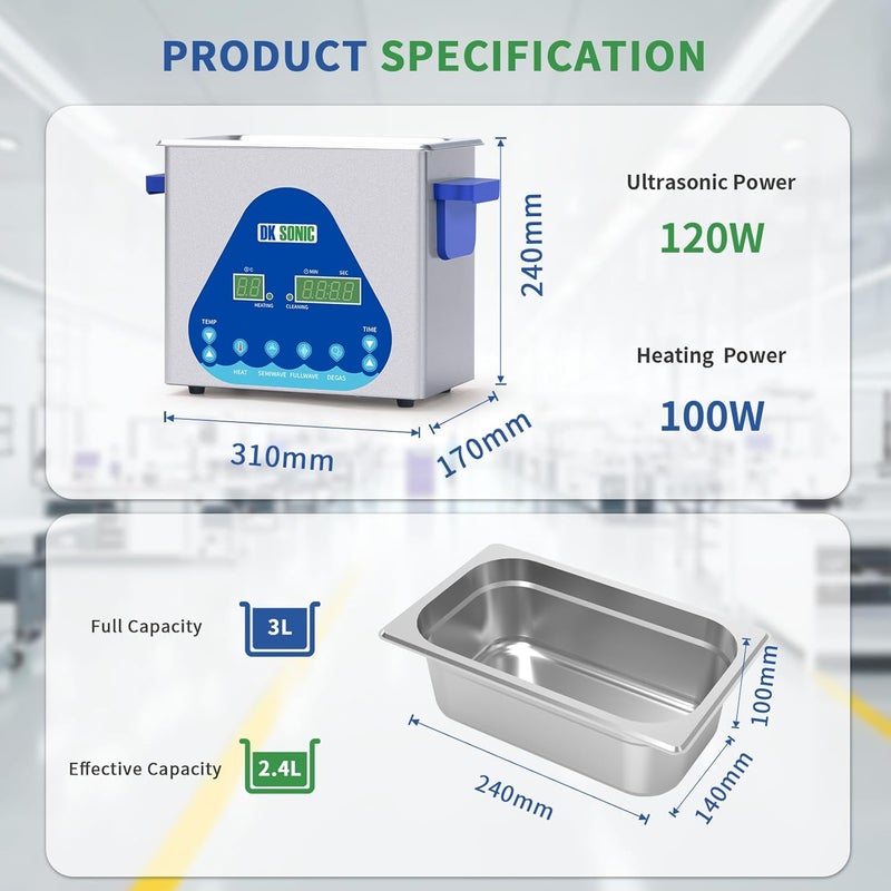 DK SONIC Ultrasonic Cleaner 3L,120W Professional Ultrasonic Jewelry Cleaner with Heater&Timer,Digital Control&Basket, Multiple Functions for Jewelry,Glasses,Chains, Watches - Image 4