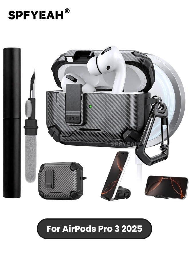 SPFYEAH AirPods Pro 3 Case Cover 2025, with Secure Lock Clip & Keychain & Cleaner kit, Compatible with MagSafe, Hard Shell Rugged Shockproof Carbon Fiber Cover for AirPods Pro 3rd Generation, Black - Image 1