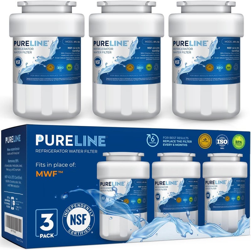 بيور لاين بديل لفلتر مياه الثلاجة GE® MWF®، Smartwater MWFP، Kenmore 46-9991، موديلات MWFP، MWFINT، GWF، GWFA، فلتر مياه الثلاجة. معتمد من NSF. (عبوة من 3 قطع) - Image 1