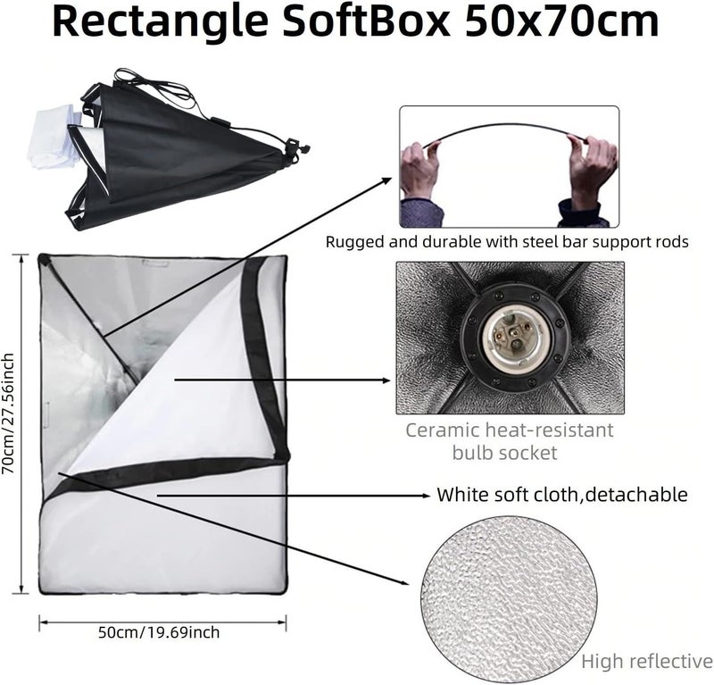 eWINNER Photography Softbox Lighting Kits Professional Continuous Light System Foldable Soft Box For Photo Studio Equipment 50x70CM E27 Socket (1set) - Image 4