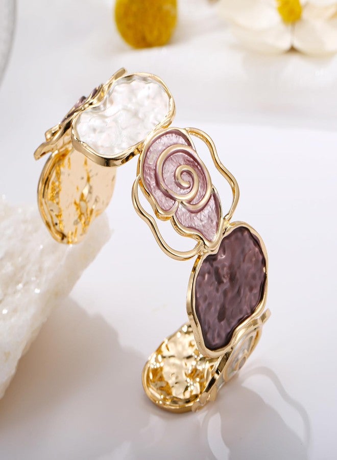 LUREME Gold Rose Cuff Bracelet for Women - Open-End Colorful Enamel Flower Stretch Bangle, Adjustable Vintage Jewelry (bl003607-2) - Image 5