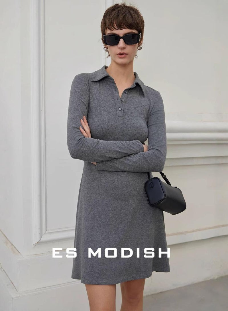 Saraia ES MODISH Grey Polo Collar Dress with Long Sleeves - Image 1