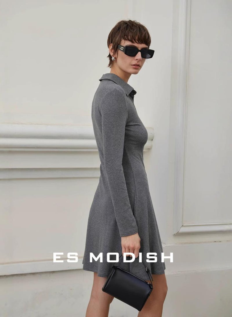 Saraia ES MODISH Grey Polo Collar Dress with Long Sleeves - Image 3