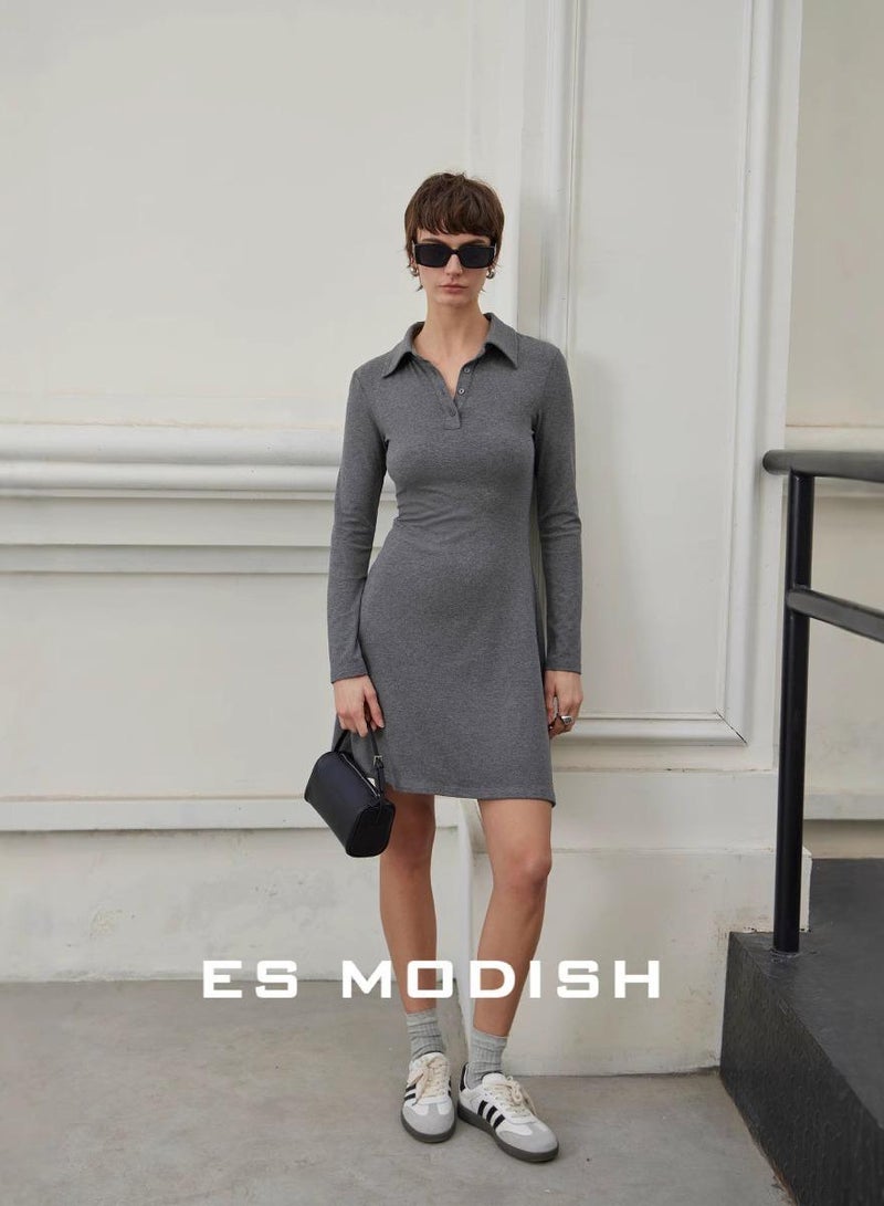 Saraia ES MODISH Grey Polo Collar Dress with Long Sleeves - Image 2