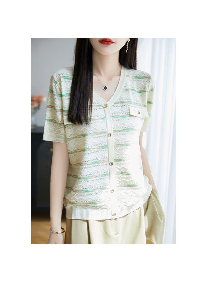 XINYANG Chanel-style Knit Short Sleeve Cardigan For Women - 2025 Summer Gradient Striped Layering Tee (reversible Design) - Image 2