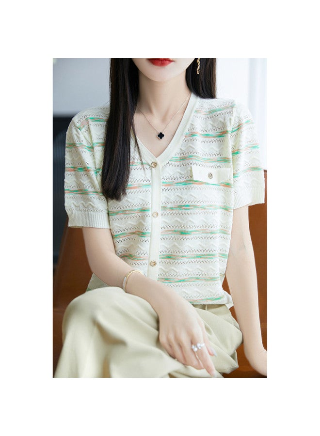 XINYANG Chanel-style Knit Short Sleeve Cardigan For Women - 2025 Summer Gradient Striped Layering Tee (reversible Design) - Image 3