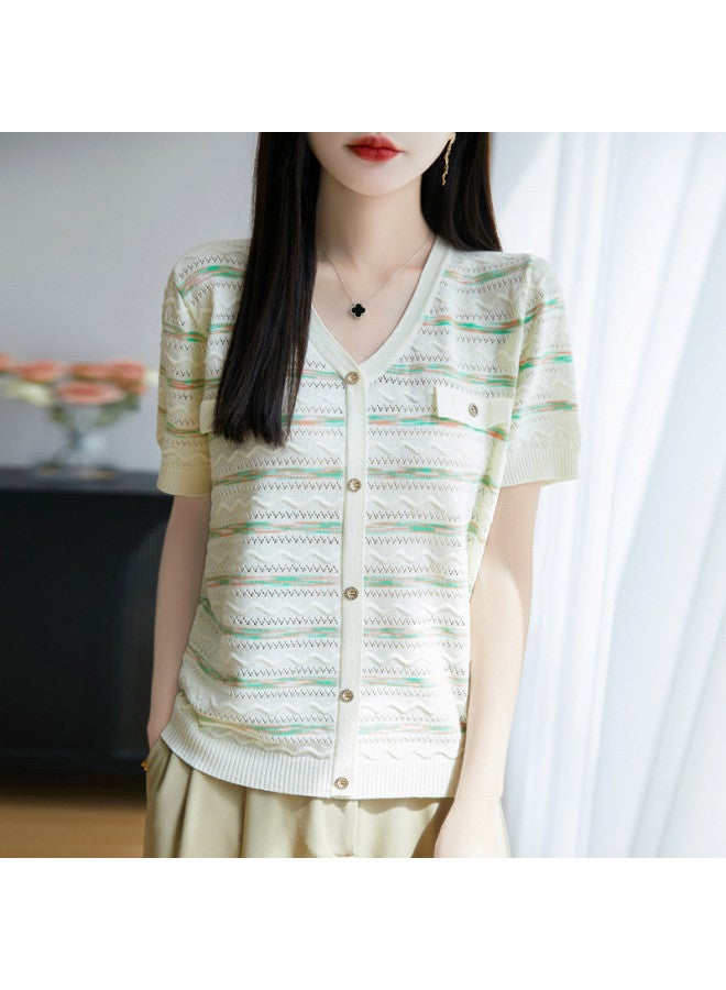 XINYANG Chanel-style Knit Short Sleeve Cardigan For Women - 2025 Summer Gradient Striped Layering Tee (reversible Design) - Image 5