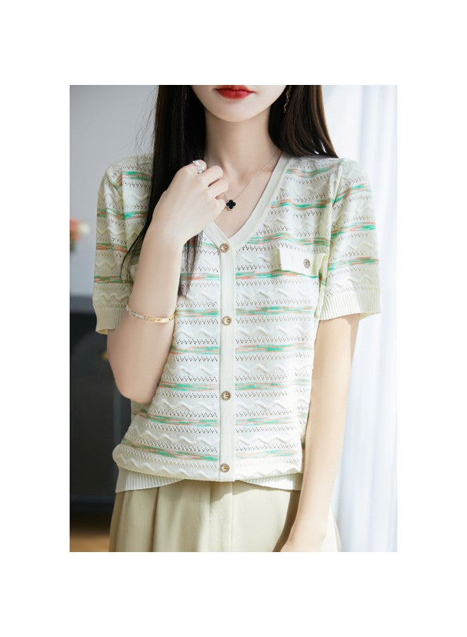 XINYANG Chanel-style Knit Short Sleeve Cardigan For Women - 2025 Summer Gradient Striped Layering Tee (reversible Design) - Image 4