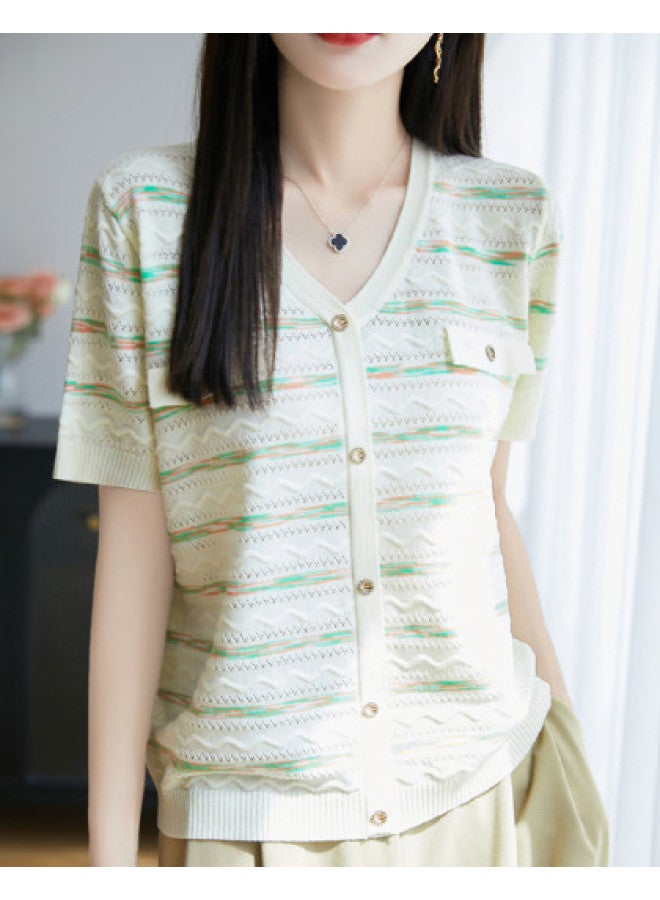 XINYANG Chanel-style Knit Short Sleeve Cardigan For Women - 2025 Summer Gradient Striped Layering Tee (reversible Design) - Image 1