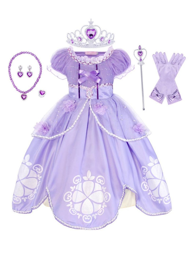 Loquat Princess Sofia Cosplay Fancy Puff Sleeves And Stretchable Party Dress Costume Set  - Image 1