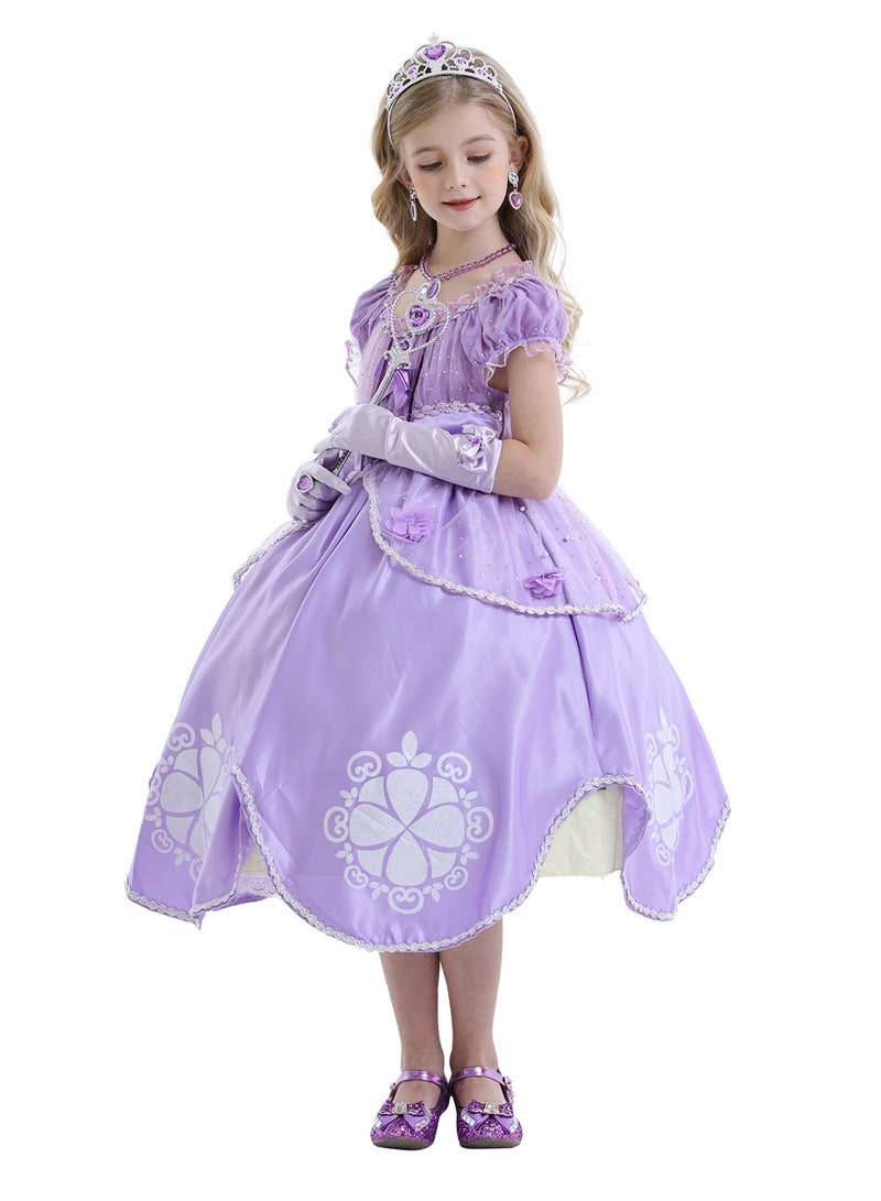Loquat Princess Sofia Cosplay Fancy Puff Sleeves And Stretchable Party Dress Costume Set  - Image 4