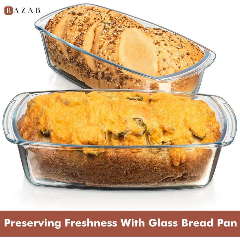Razab LARGE 7.6 Cups/1800 ML/1.9 Qt Glass Loaf Pan with Lids (Set of 2) - Meatloaf Pan BPA free Airtight Lids Grip Handle Easy Carry, Microwave and Oven Safe - Loaf Pans For Baking Bread, Cakes - Image 2