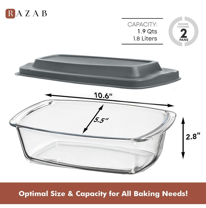 Razab LARGE 7.6 Cups/1800 ML/1.9 Qt Glass Loaf Pan with Lids (Set of 2) - Meatloaf Pan BPA free Airtight Lids Grip Handle Easy Carry, Microwave and Oven Safe - Loaf Pans For Baking Bread, Cakes - Image 3