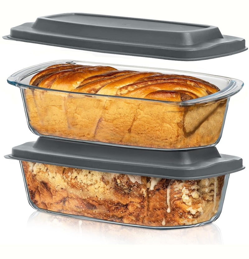 Razab LARGE 7.6 Cups/1800 ML/1.9 Qt Glass Loaf Pan with Lids (Set of 2) - Meatloaf Pan BPA free Airtight Lids Grip Handle Easy Carry, Microwave and Oven Safe - Loaf Pans For Baking Bread, Cakes - Image 1