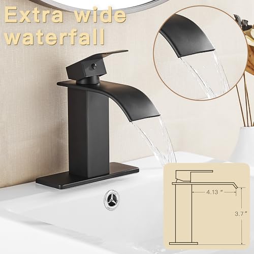 Fransiton Black Waterfall Bathroom Faucet Lavatory Single Handle 1 or 3 Hole Bathroom Sink Faucet Washbasin Faucet with Deck and Pop-up Drain - Image 3