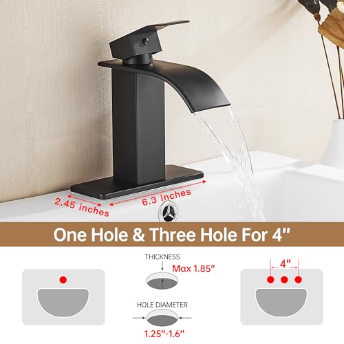 Fransiton Black Waterfall Bathroom Faucet Lavatory Single Handle 1 or 3 Hole Bathroom Sink Faucet Washbasin Faucet with Deck and Pop-up Drain - Image 2