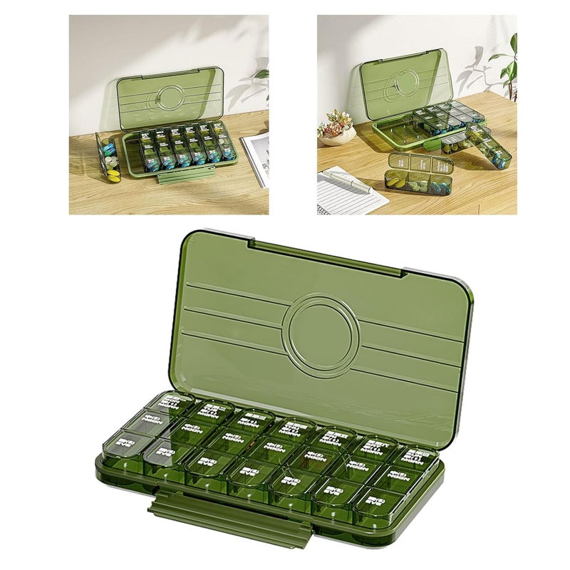 PEISAINOX صندوق دواء محمول، منظم دواء شفاف بسعة كبيرة لرحلة العمل (28 قسم أخضر) - Image 4