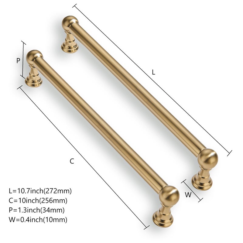 CABDM 2 Pack 10 Inch Solid Kitchen Cabinet Handles Brushed Gold Heavy Duty Cabinet Pulls Satin Brass Drawer Pulls Cabinet Hardware Kitchen Handles for Cabinets Cupboard Handles - Image 2